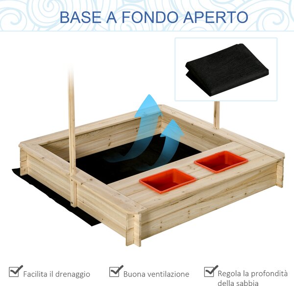Outsunny Sabbiera per Bambini 3-8 Anni in Legno con Tettuccio Regolabile e Sedili, Gioco da Giardino con 2 Bacini|Aosom