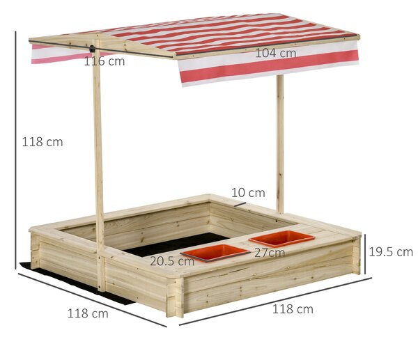 Outsunny Sabbiera per Bambini 3-8 Anni in Legno con Tettuccio Regolabile e Sedili, Gioco da Giardino con 2 Bacini|Aosom