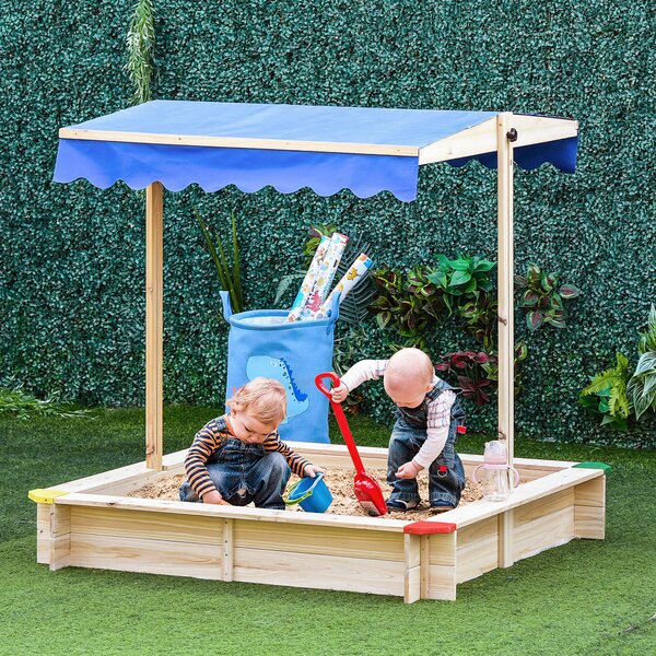 Outsunny Sabbiera per Bambini in Legno con Panca e Tettuccio Parasole Regolabile, 120x120x120cm, Colore Legno e Blu|Aosom