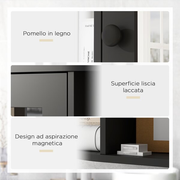HOMCOM Specchiera Bagno con 6 Ripiani Aperti e 2 Chiusi, in Legno e Vetro, 66x17x63 cm, Nero | Aosom Italy