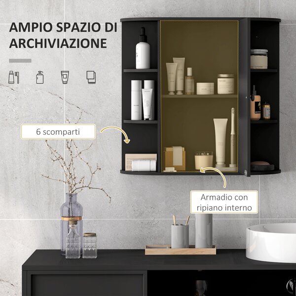 HOMCOM Specchiera Bagno con 6 Ripiani Aperti e 2 Chiusi, in Legno e Vetro, 66x17x63 cm, Nero | Aosom Italy