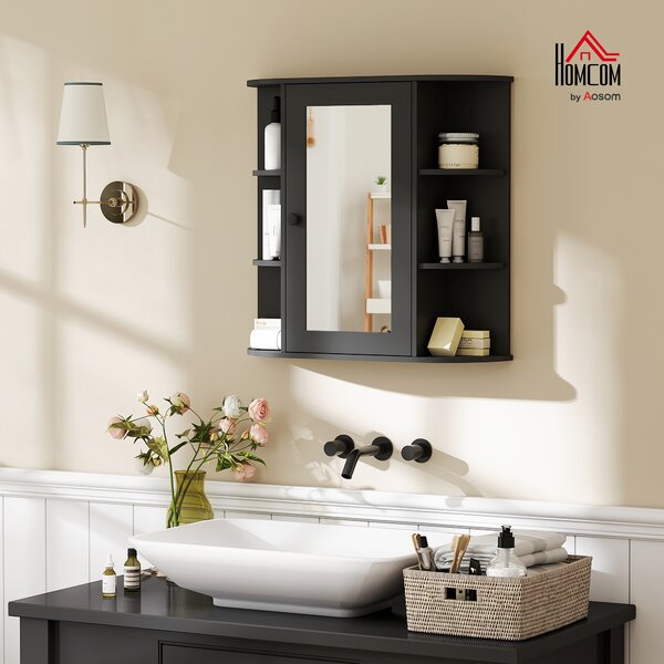 HOMCOM Specchiera Bagno con 6 Ripiani Aperti e 2 Chiusi, in Legno e Vetro, 66x17x63 cm, Nero | Aosom Italy