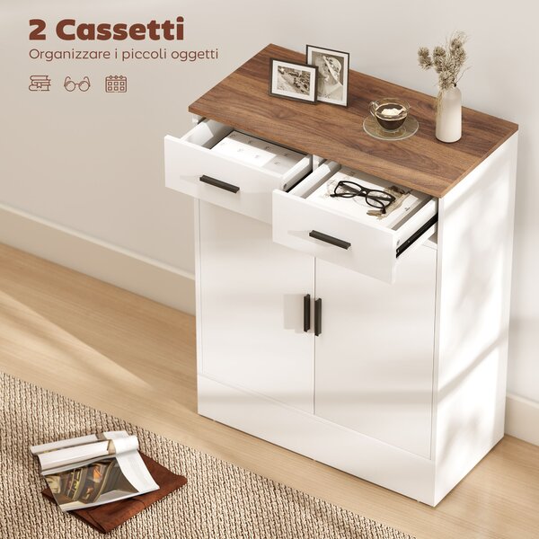 HOMCOM Credenza Moderna 2 Cassetti e Armadietto 2 Ante, Ripiano Interno Regolabile, Bianco e Legno | Aosom Italy