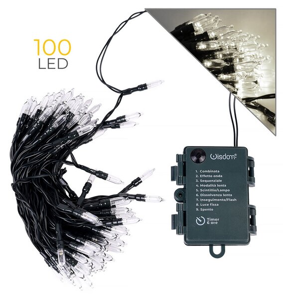 Catena di luci Vintage 10 metri da 100 Led Bianco Freddo con cavo verde a batteria Wisdom