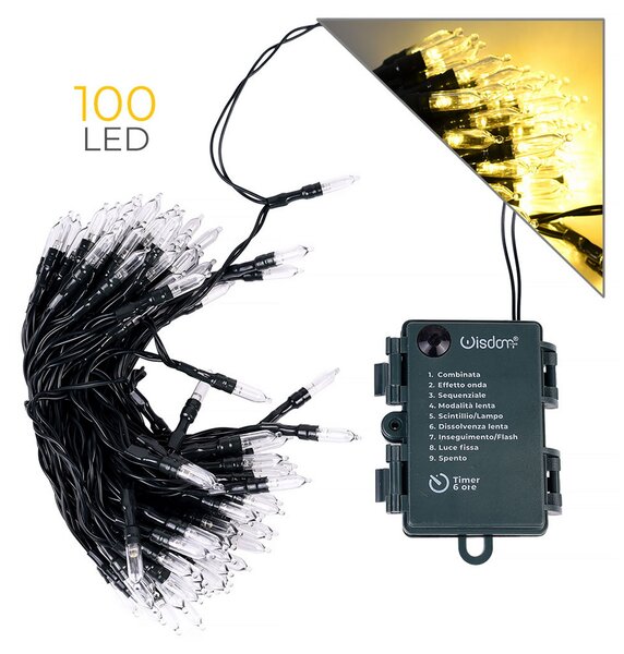 Catena di luci Vintage 10 metri da 100 Led Bianco Caldo con cavo verde a batteria Wisdom