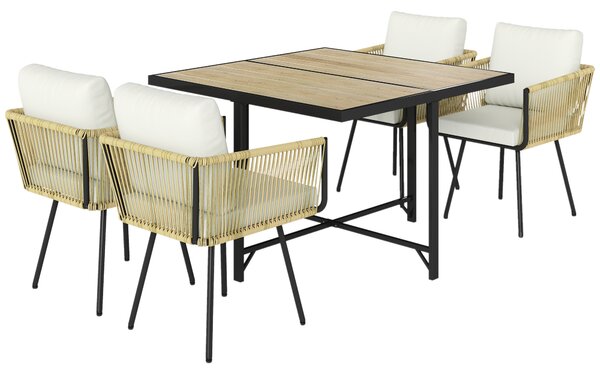 Set 5 Pezzi da Giardino con Tavolo 110x110x74 cm e 4 Sedie in Rattan PE e Legno Beige