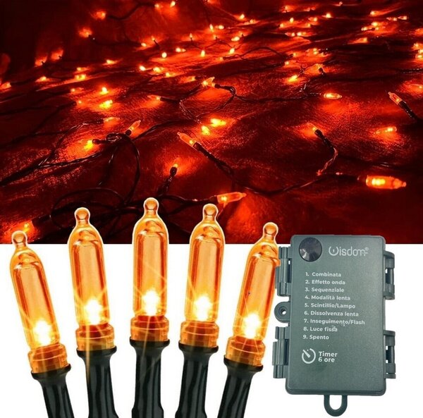 Catena di luci Vintage 10 metri da 100 Led Arancione con cavo verde a batteria Wisdom