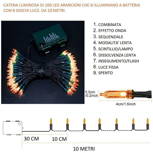 Catena di luci Vintage 10 metri da 100 Led Arancione con cavo verde a batteria Wisdom