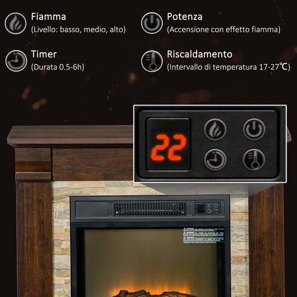 HOMCOM Camino Elettrico da Incasso a Terra con Timer, Fiamma e Temperatura Regolabile, 80x21.6x67.8 cm, Marrone | Aosom Italy