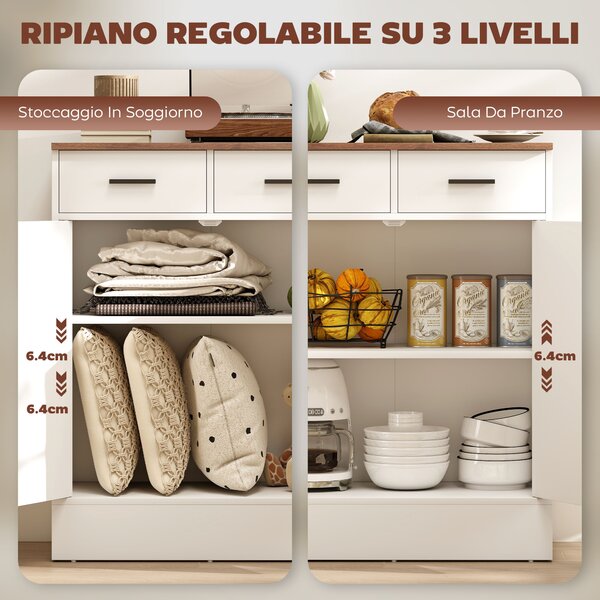 HOMCOM Credenza Moderna 2 Cassetti e Armadietto 2 Ante, Ripiano Interno Regolabile, Bianco e Legno | Aosom Italy