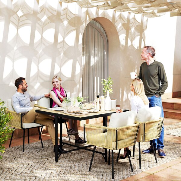 Set 5 Pezzi da Giardino con Tavolo 110x110x74 cm e 4 Sedie in Rattan PE e Legno Beige