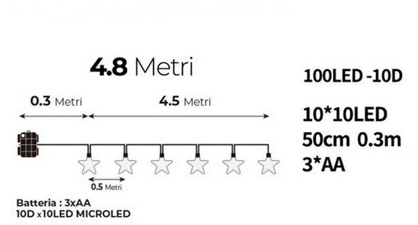 Catena decorata con 10 Stelle luminose a Led Bianco Caldo 4,5 metri a batteria Wisdom