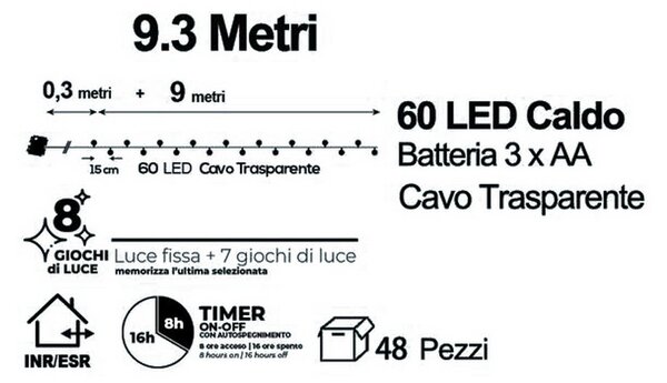 Catena decorata con 60 Perle a Led Bianco Caldo 9 metri cavo trasparente a batteria Wisdom