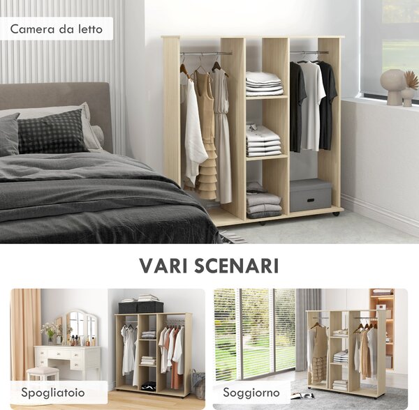 HOMCOM Armadio Guardaroba a Rotelle con 2 Barre e 3 Ripiani Aperti, in Legno e Alluminio, 120x40x128 cm, Color Legno | Aosom Italy