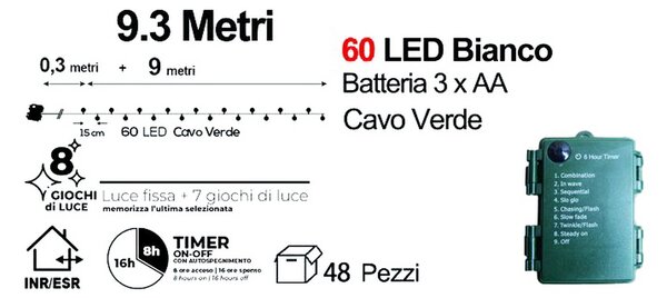 Catena decorata con 60 Perle a Led Bianco Freddo 9 metri cavo verde a batteria Wisdom