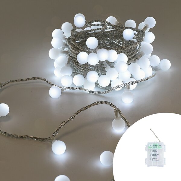 Catena decorata con 60 Perle a Led Bianco Freddo 9 metri cavo trasparente a batteria Wisdom