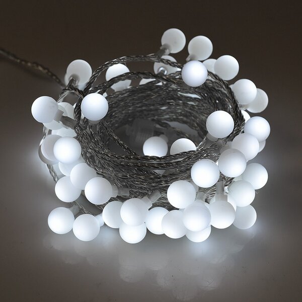 Catena decorata con 60 Perle a Led Bianco Freddo 9 metri cavo trasparente a batteria Wisdom