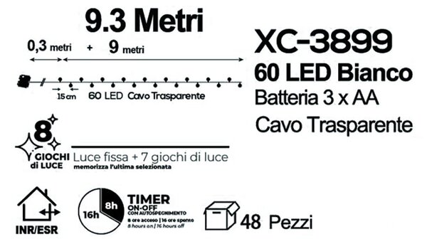 Catena decorata con 60 Perle a Led Bianco Freddo 9 metri cavo trasparente a batteria Wisdom
