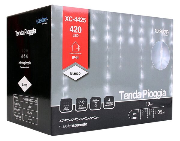 Tenda luminosa effetto pioggia 10 metri da 420 Led Bianco Freddo stalattiti altezza 90cm da esterno Wisdom