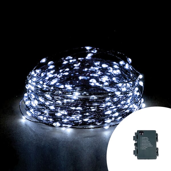 Stringa 15 metri da 150 MicroLed Bianco Freddo con cavo verde a batteria da esterno Wisdom