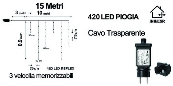 Tenda luminosa effetto pioggia 10 metri da 420 Led Bianco Caldo stalattiti altezza 90cm da esterno Wisdom