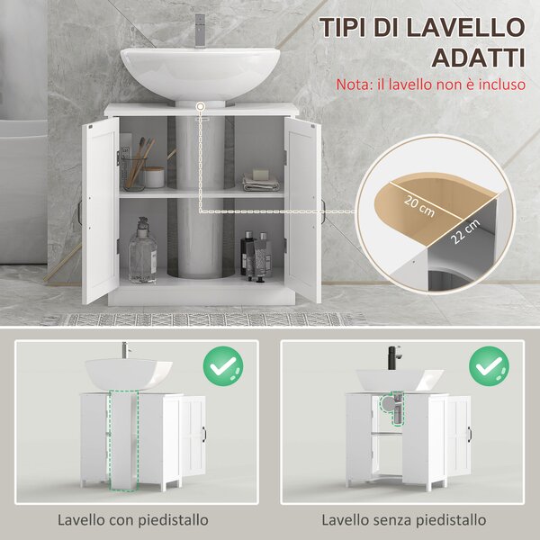 Kleankin Mobile per Lavabo con Piedistallo, Mobile Sotto Lavabo con 2 Ante e Scaffale Regolabile, Mobile da Bagno con Ritaglio a Forma di U, Bianco | Aosom Italy