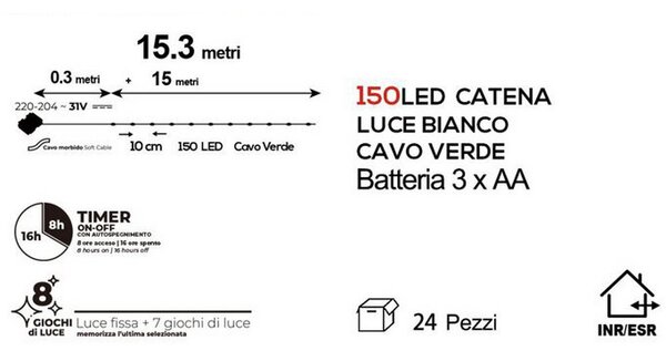 Stringa 15 metri da 150 MicroLed Bianco Freddo con cavo verde a batteria da esterno Wisdom