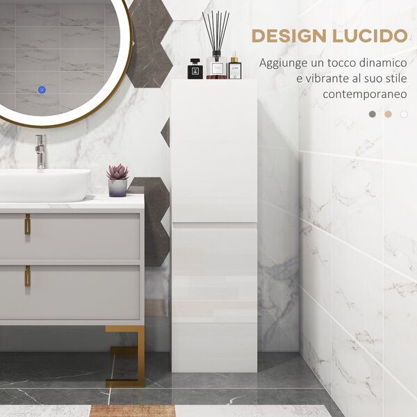 Kleankin Mobile Bagno Alto a Colonna con Ante, 2 Armadietti, Mobiletto Bagno Salvaspazio con Ripiani Regolabili per Sala da Pranzo Salotto Soggiorno, 35 x 25 x 120 cm, Bianco Lucido | Aosom Italy