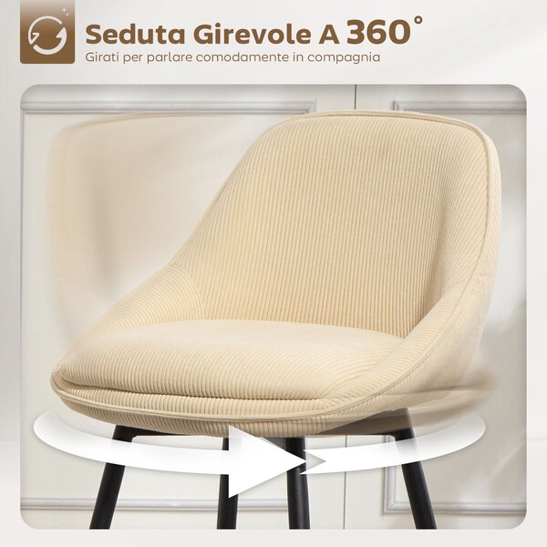 HOMCOM Set 2 Sgabelli Bar Girevoli con Schienale e Braccioli, Rivestimento in Velluto a Coste e Poggiapiedi, Beige | Aosom Italy