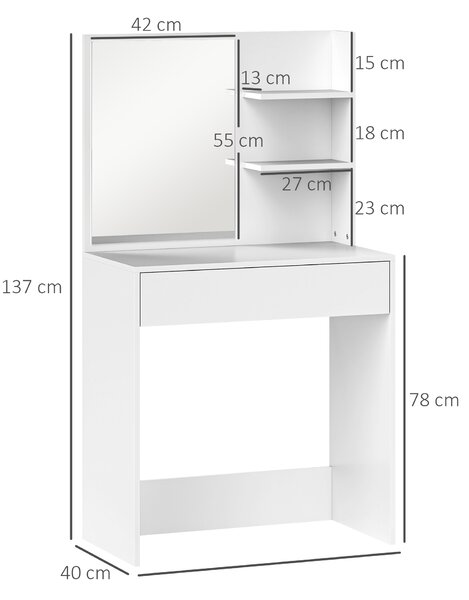 HOMCOM Tavolo da Trucco con Specchio, 3 Ripiani ad Angolo e Cassetto, in Legno e Vetro, 75x40x137 cm, Bianco | Aosom Italy