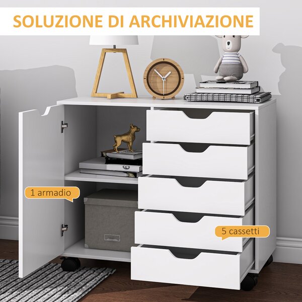 HOMCOM Mobile Laterale con 5 Cassetti, Armadietto con Ripiano Regolabile, Mobiletto da Ufficio su Ruote, Supporto per Stampante per Ufficio Domestico, Bianco | Aosom Italy