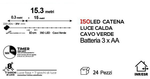 Stringa 15 metri da 150 Microled Bianco Caldo con cavo verde a batteria da esterno Wisdom