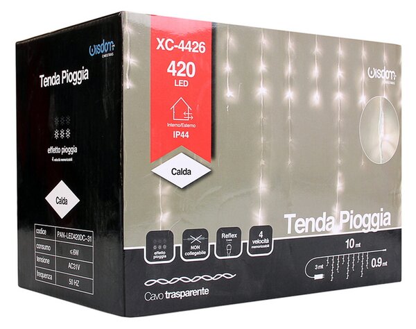 Tenda luminosa effetto pioggia 10 metri da 420 Led Bianco Caldo stalattiti altezza 90cm da esterno Wisdom