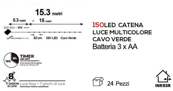Stringa 15 metri da 150 MicroLed Multicolore con cavo verde a batteria da esterno Wisdom