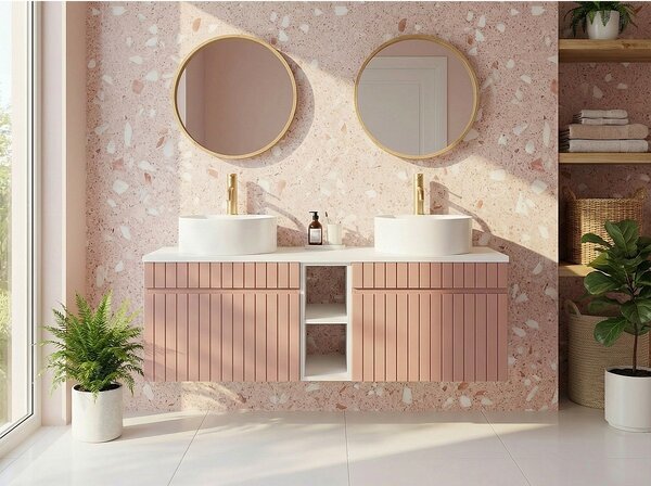 Mobile bagno sospeso scanalato con nicchie e doppio lavabo da appoggio rotondo Rosa L140 cm - SATARA