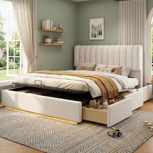 Letto imbottito 140x200 cm, color beige, rivestito in velluto francese, con spazio contenitore, 3 cassetti e striscia LED, ideale per la camera da letto