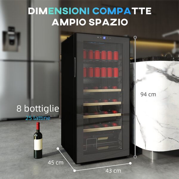 HOMCOM Cantinetta Frigo per Vino da 92L con Ripiani Regolabili per 20 Bottiglie e 50 Lattine, 43x45x94 cm, Nero | Aosom Italy