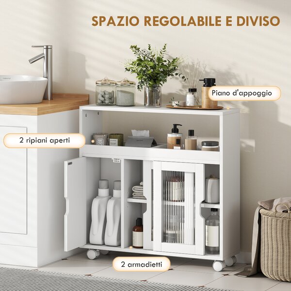 HOMCOM Mobile Bagno con Ruote, Ripiano Regolabile, Porta Scorrevole in Vetro Temperato, Bianco | Aosom Italy