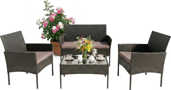 Set di mobili da giardino Relaxdays, set da salotto in rattan da 4 pezzi, per 4 persone, panca, poltrona e tavolo in vetro, mobili da relax, da esterno, nero