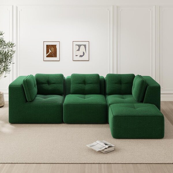 Divano angolare modulare a forma di L, con poggiapiedi, divano in corda, colore verde, 3 posti, con seduta profonda, struttura senza telaio, dimensioni 297x177 cm