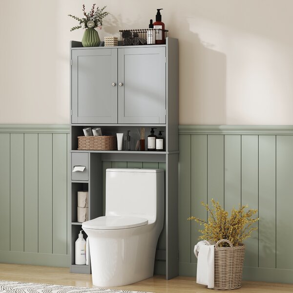 HOMCOM Mobile sopra WC per toilette o lavatrice, 2 ante, 3 scomparti, portarotolo, 80x19,5x170cm, grigio | Aosom Italy