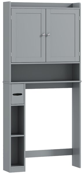 HOMCOM Mobile sopra WC per toilette o lavatrice, 2 ante, 3 scomparti, portarotolo, 80x19,5x170cm, grigio | Aosom Italy
