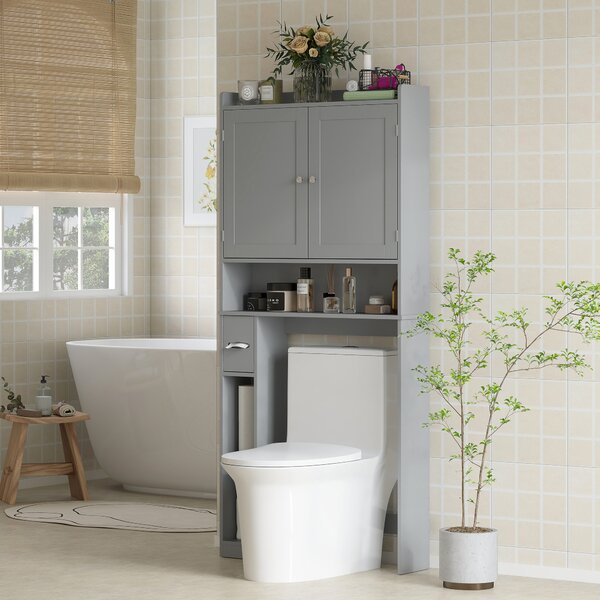 HOMCOM Mobile sopra WC per toilette o lavatrice, 2 ante, 3 scomparti, portarotolo, 80x19,5x170cm, grigio | Aosom Italy