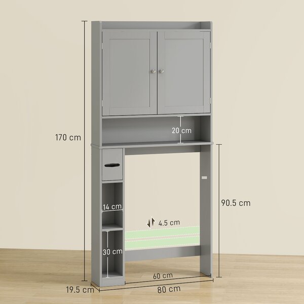 HOMCOM Mobile sopra WC per toilette o lavatrice, 2 ante, 3 scomparti, portarotolo, 80x19,5x170cm, grigio | Aosom Italy
