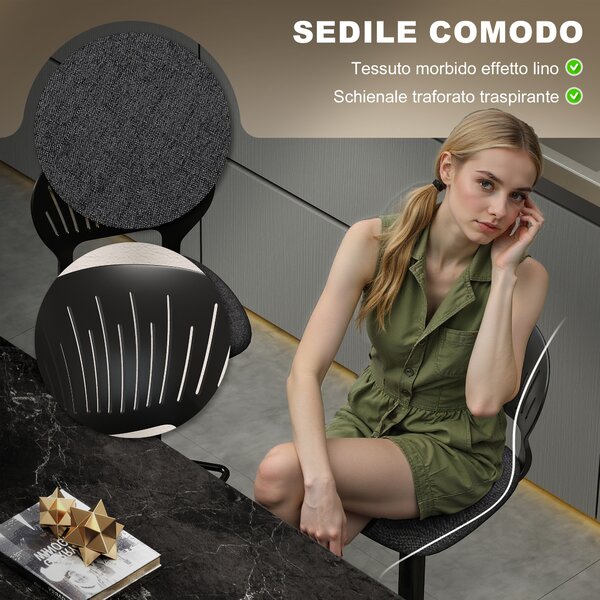 HOMCOM Set 2 Sgabelli da Bar Traspiranti in Tessuto Effetto Lino e Metallo con Poggiapiedi, 40.5x43x84-105 cm, Nero | Aosom Italy