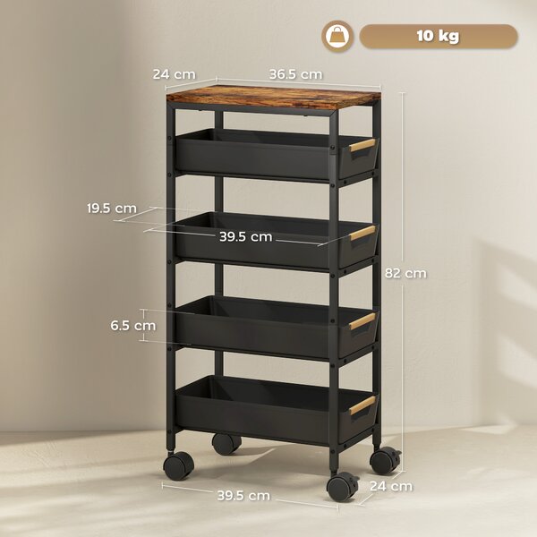 HOMCOM Carrello da cucina, carrello di stoccaggio su ruote a 5 livelli con 4 cassetti estraibili, scaffale portaoggetti, nero | Aosom Italy