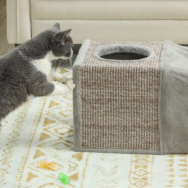 PawHut Tunnel per gatti da interno, con palla sospesa, ingressi multipli, in sisal 98 x 30 x 30 cm Grigio | Aosom Italy