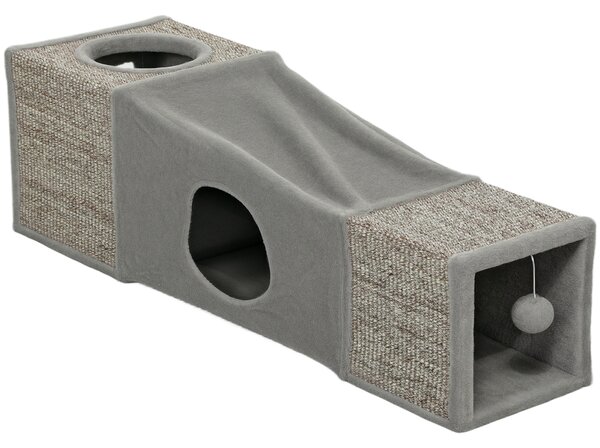 PawHut Tunnel per gatti da interno, con palla sospesa, ingressi multipli, in sisal 98 x 30 x 30 cm Grigio | Aosom Italy