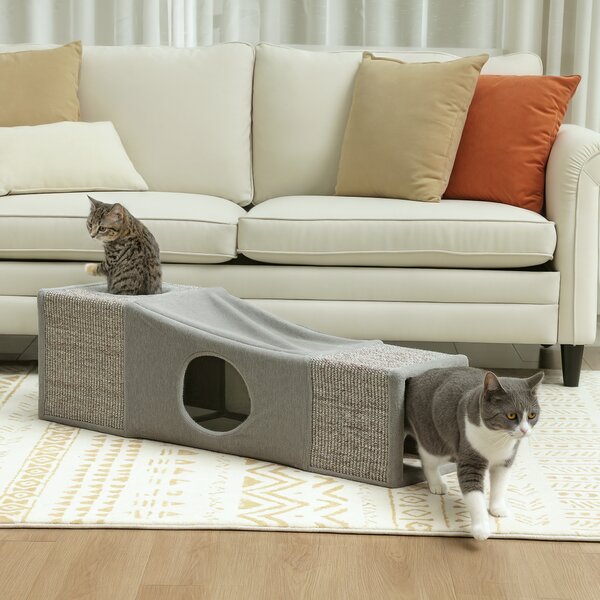 PawHut Tunnel per gatti da interno, con palla sospesa, ingressi multipli, in sisal 98 x 30 x 30 cm Grigio | Aosom Italy