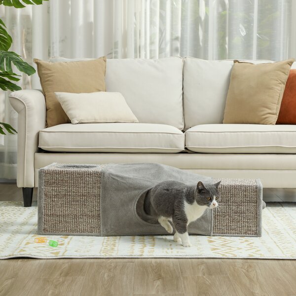 PawHut Tunnel per gatti da interno, con palla sospesa, ingressi multipli, in sisal 98 x 30 x 30 cm Grigio | Aosom Italy